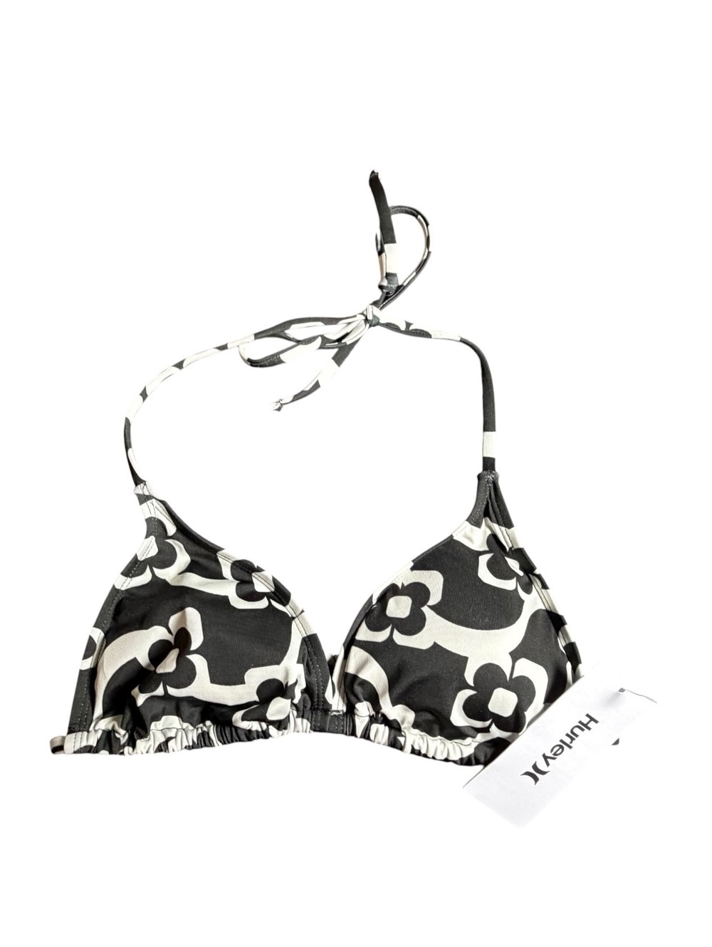 Hurley black/white string tie bikini top size medium NWT